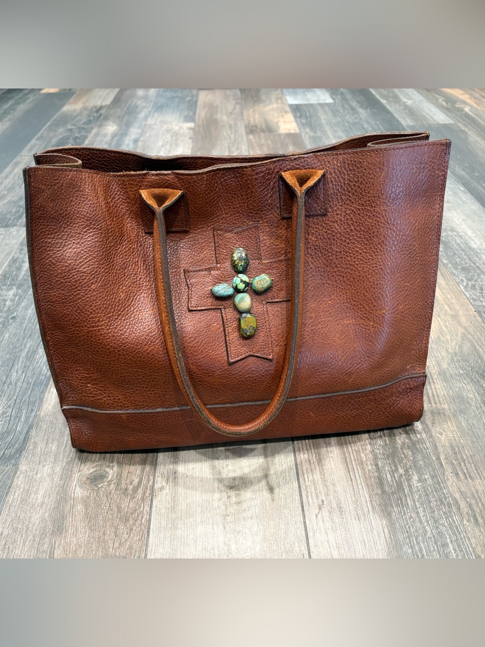 Two Bar West Brown Leather Double Handle Bag Tote Purse w Turquoise 15x11.5x5